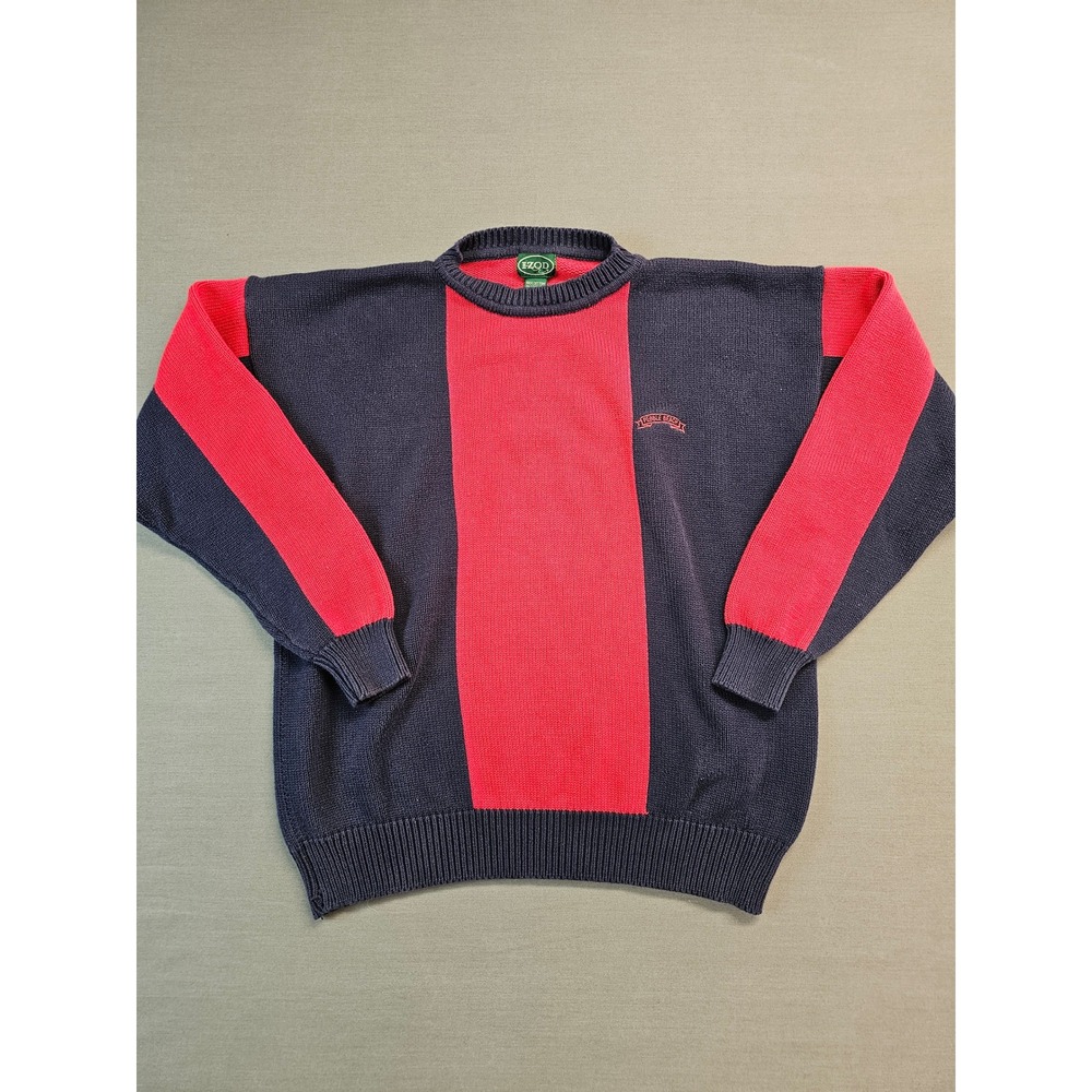 IZOD Mens Large Sweater 100% Cotton Color Block Red Navy Pebble Beach